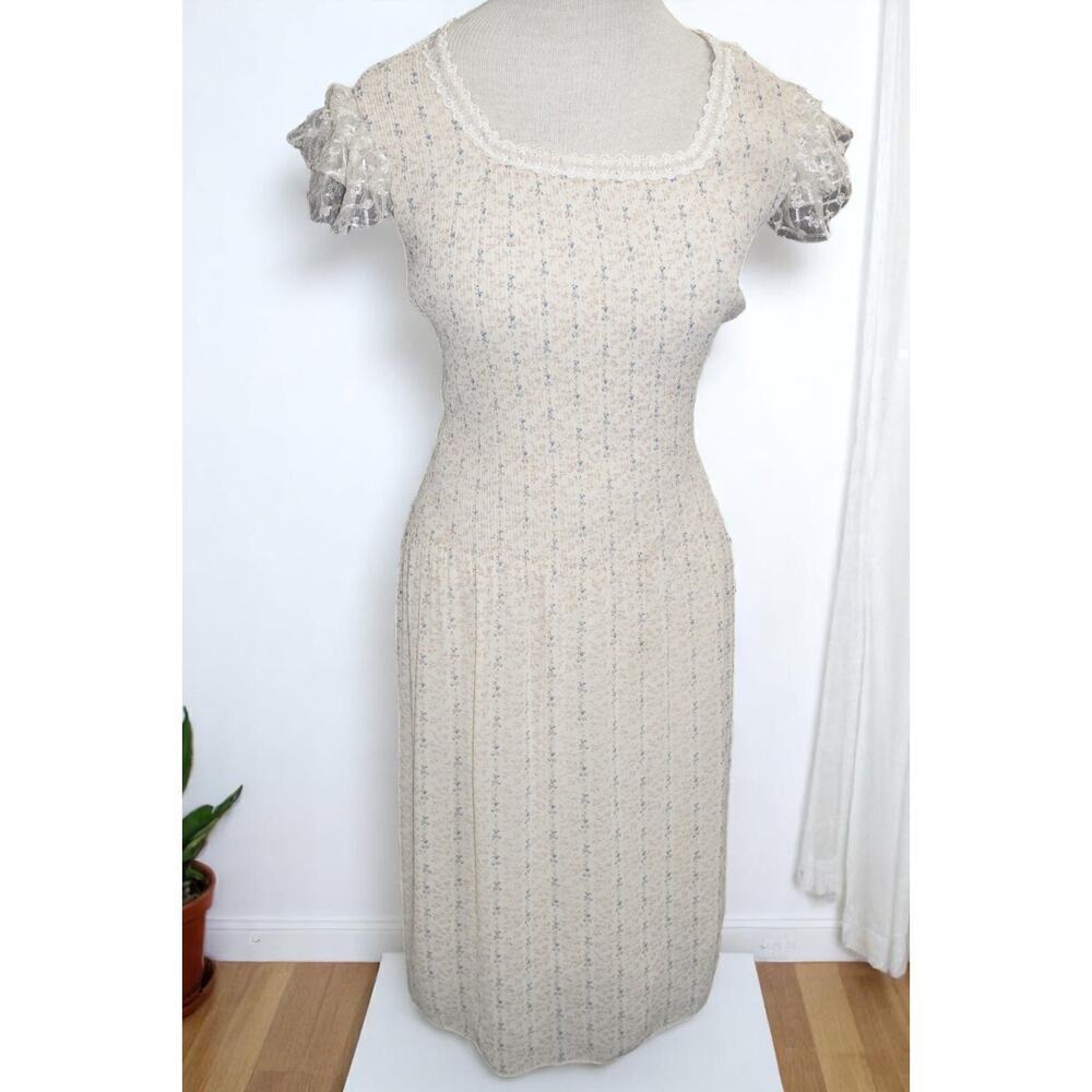 Vintage Ribbed Knit Cottagecore Mini Dress with Lace Flutter Sleeves – Size S/M